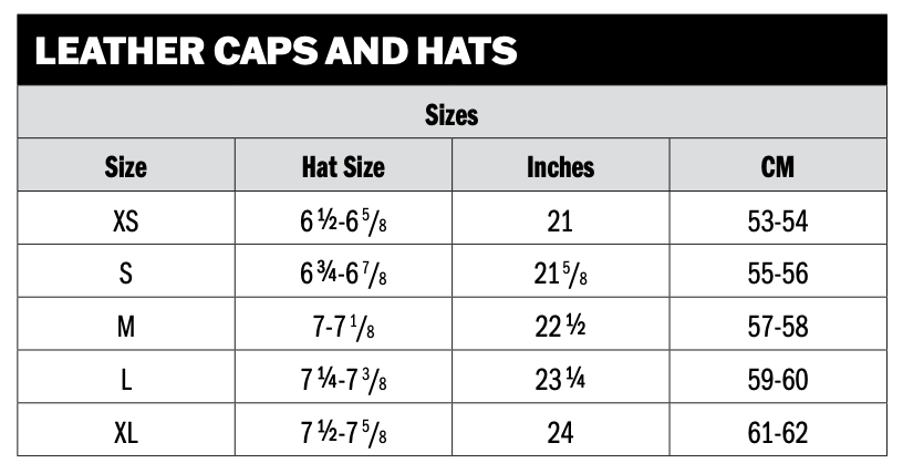 leather caps and hats_H-D size chart